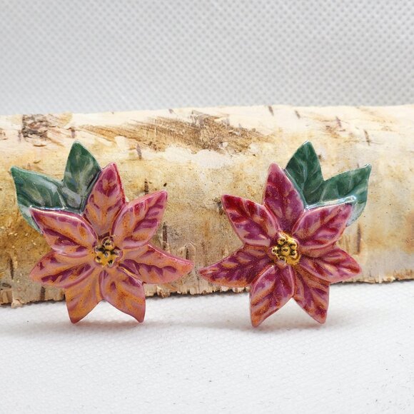 Ceramic porcelain poinsettia earrings rose pinkish - Picture 1 of 4